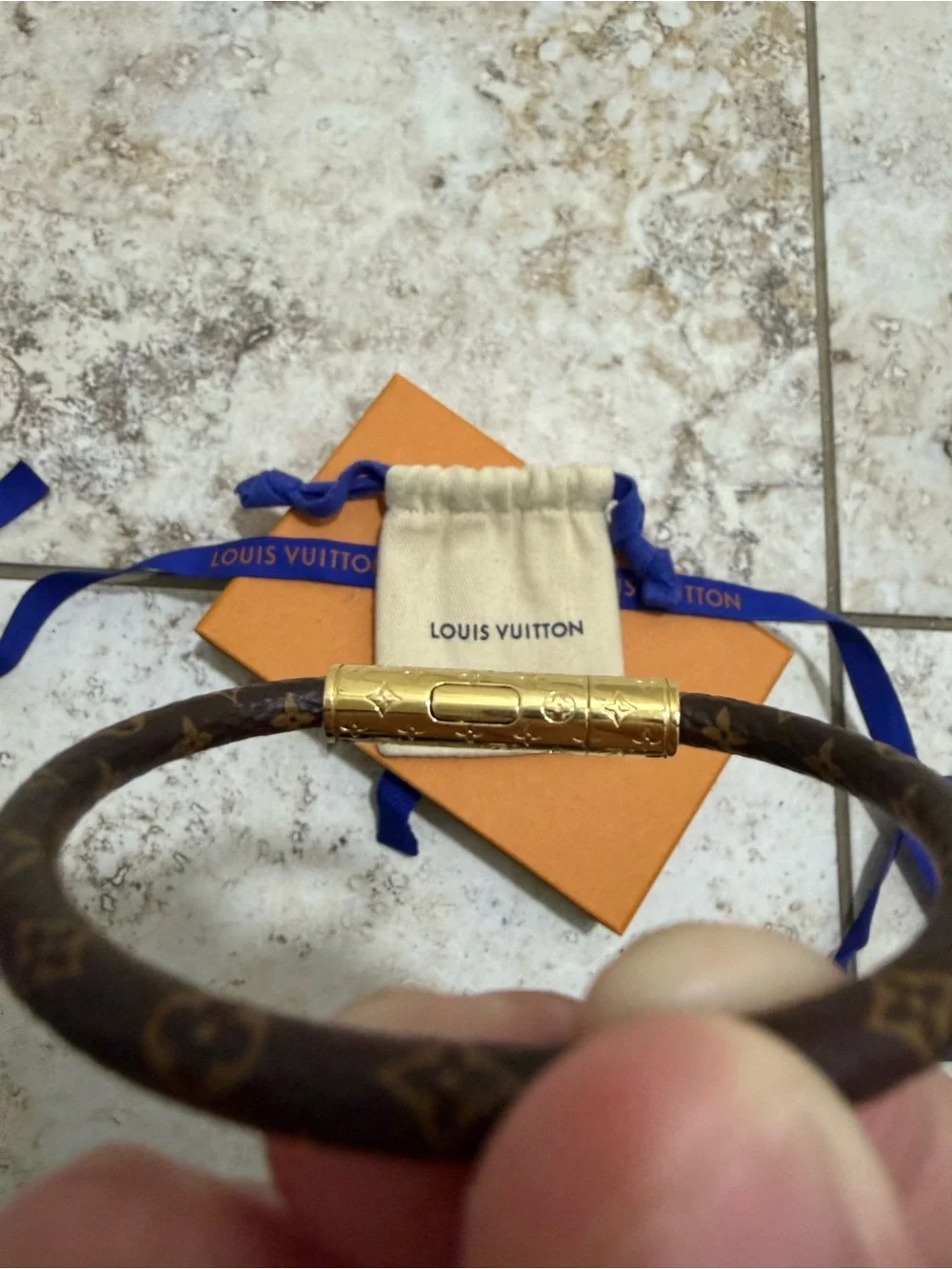 Louis Vuitton Monogram Bracelet with Gold-Tone Tube Clasp Authentic 100%